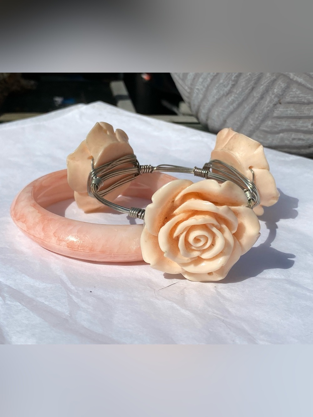 Pretty pair vintage bangle bracelets,baby pink translucent marble,carved roses